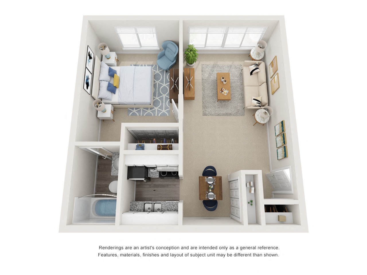 A white room with a bed, a couch, a chair, a table, a potted plant, and a rug.